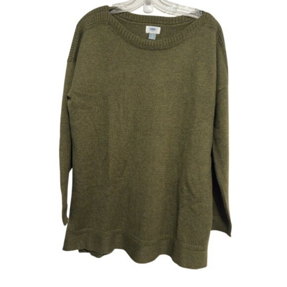 Old Navy Olive Green Long-Sleeve Sweater Womens Large Relaxed Fit Split Hem Knit